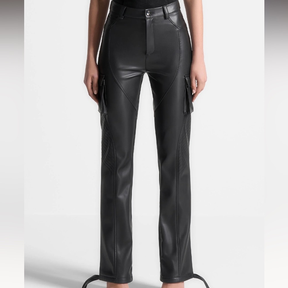 Maniere De Voir Black Faux Leather Straight Leg Cargo Pants